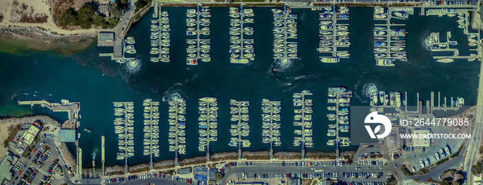 An orthomosaic aerial, high up, and directly above the Santa Cruz Harbor