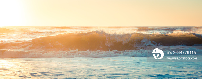 vague surf sur la cote sauvage au coucher de soleil