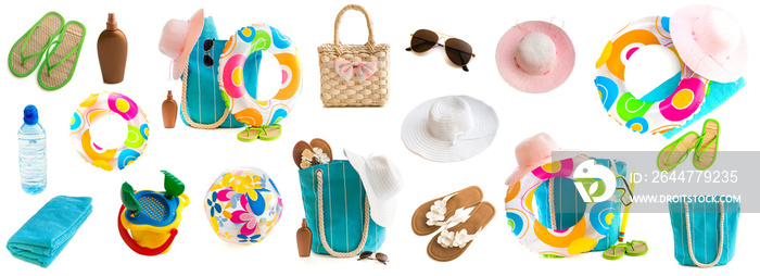 Photo collage of beach accessories and toys