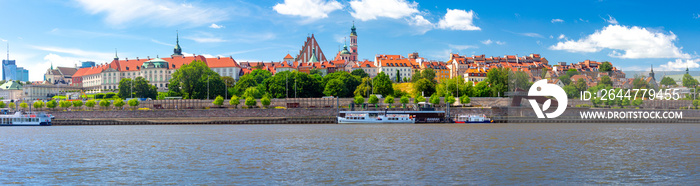 Warsaw. Panorama of the city embankment on a sunny day.