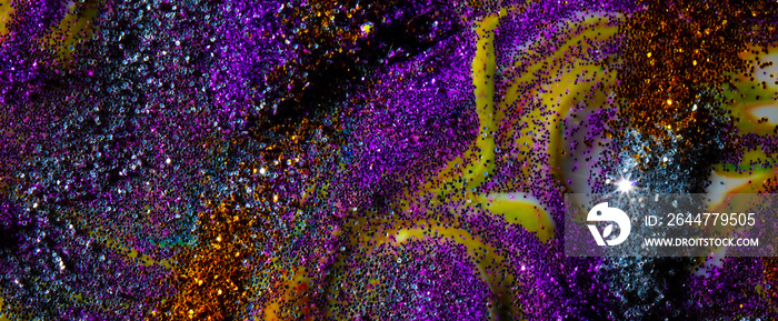 Baner: multicolored acrylic background with curls sprinkled with purple and gold sequins. Contemporary creativity. A colorful avant-garde painting with rich texture.