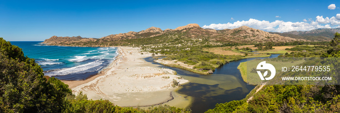 Panoramic of Ostriconi beach and Desert des Agriates in Corsica