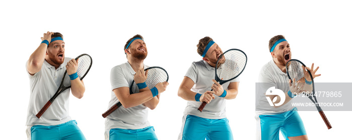 Angry. Highly tensioned game. Funny emotions of professional tennis player isolated on white studio background.