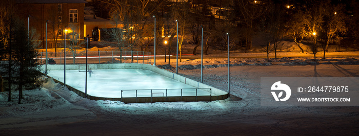 outdoor hockey rink in a field at night