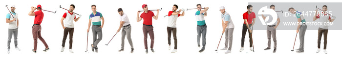 Collage with handsome male golfers on white background