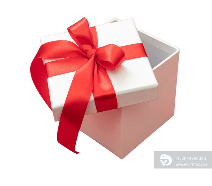 Christmas Gift box red ribbon isolated, transparent background. PNG. Valentine present open, satin d