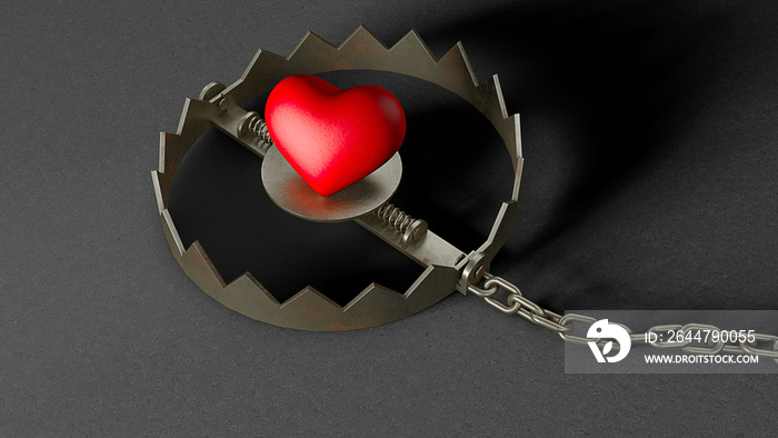 Heart in a trap. Red heart bait in a trap. 3d render