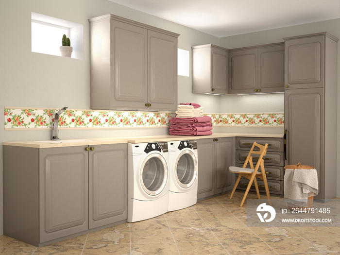 Design room for washing and cleaning. 3d illustrator