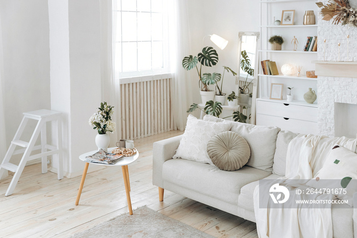 Scandinavian style sofa with plaid and pillows and coffee table in modern stylish bright living room