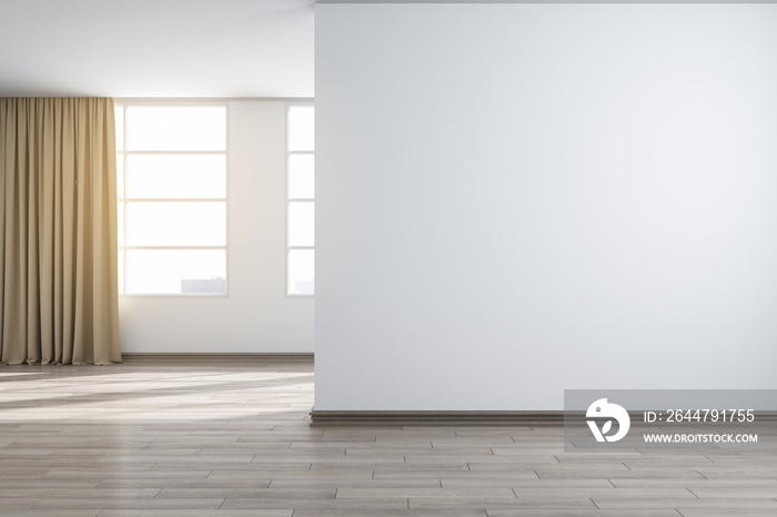 Modern white concrete interior with city view, sunlight and mockup place on blank wall. Mock up, 3D 