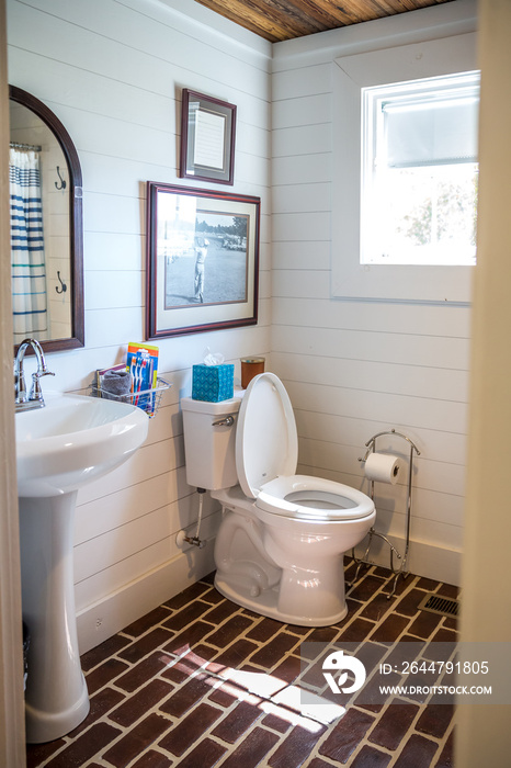 Small and compact bathroom shower stall in a small farmhouse decor inspired cabin with a blue stripe