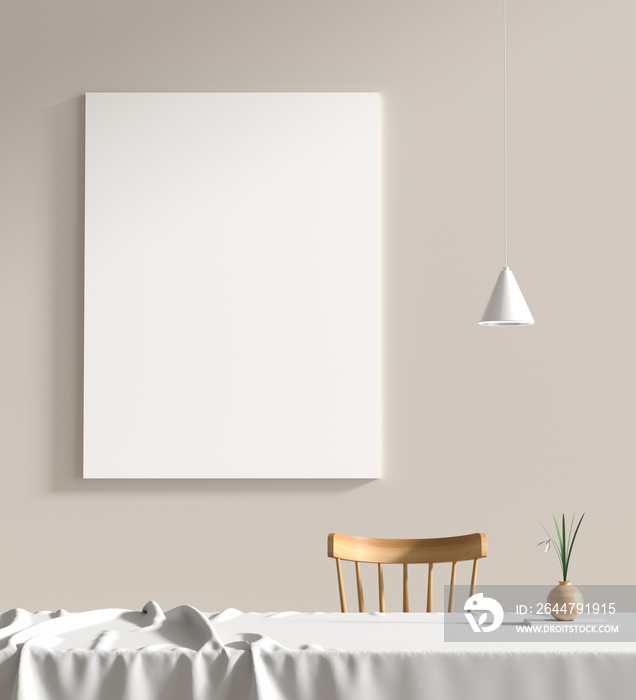 Mock up poster frame in scandinavian style interior. Minimalist interior design. 3D illustration.