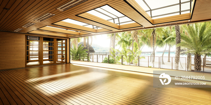 Empty Chill & Restaurant Area Inside a Resort- panoramic 3d architectural visualization