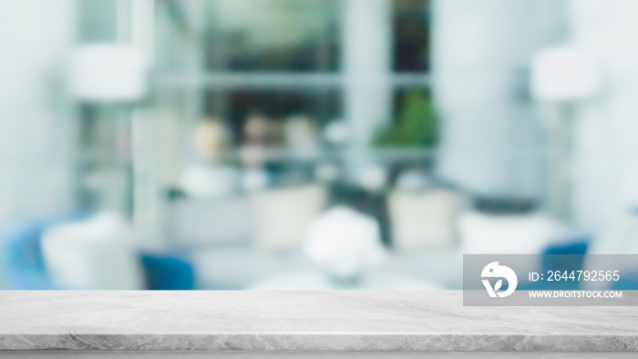 Empty white marble stone table top and blur glass window interior restaurant banner mock up abstract