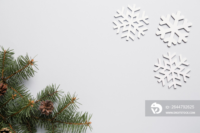 Composition with snowflakes, fir branches and cones on light background