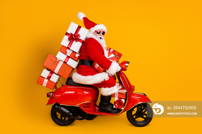 Profile side view of his he nice funny cheery amazed St Nicholas riding moped hurry up delivering pi