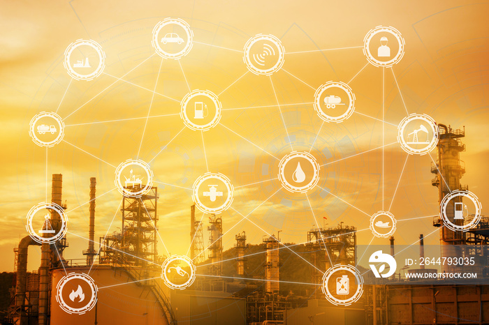 Light oil refinery at twilight with physical system icons diagram on industrial factory. Industry on