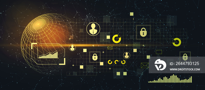 Creative glowing business interface with globe and communication icons. Network, digital transformat