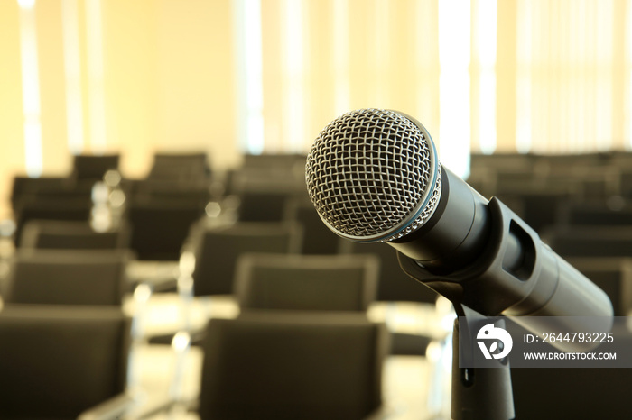 Professional microphone in meeting room. Empty meeting room.