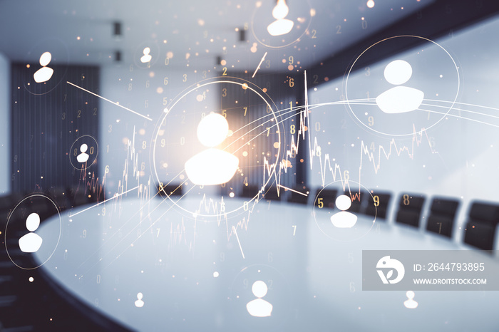 Double exposure of abstract virtual social network icons on a modern meeting room background. Market