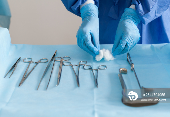 Sterile curettage instruments, forceps, retractor in the operating room of a medical hospital for th