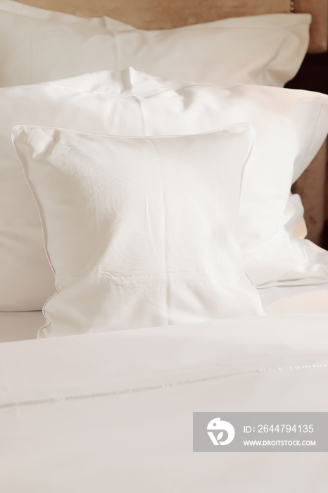 Home decor and interior design, bed with white bedding in luxury bedroom, bed linen laundry service 