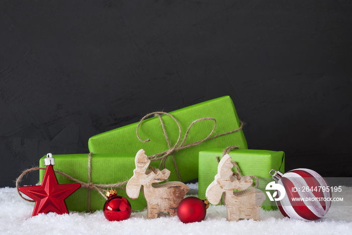 Red And Green Christmas Decoration, Snow, Black Cement Wall