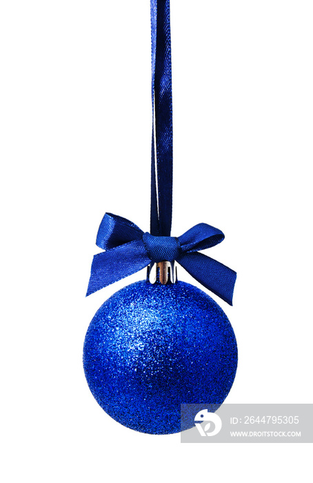 Hunging blue christmas ball isolated on a white