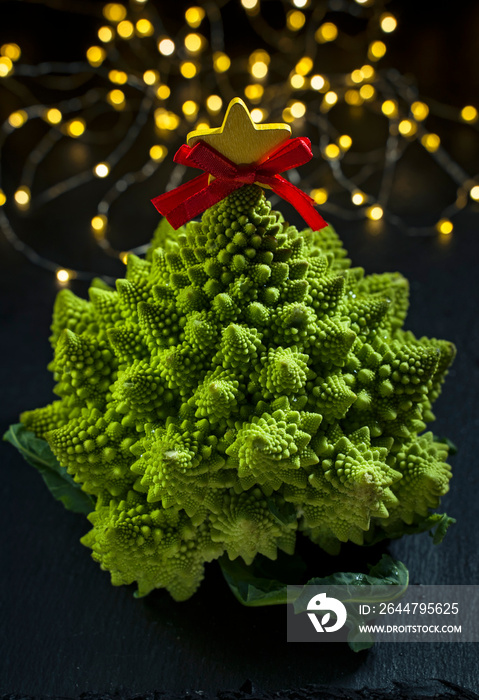 cauliflower Romanesco on a dark background with bokeh. Vegetarian, cauliflower for christmas