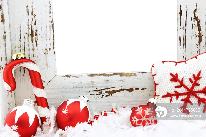 Wood frame background with christmas decor and snow with copy space in the center  isolated on trans