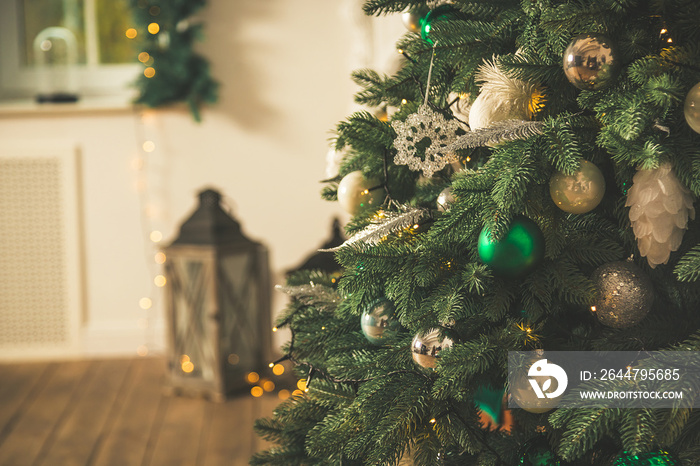 Christmas tree in Christmas living room. Beautiful New Year decorated classic home interior. Winter 