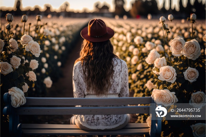 woman sitting in front of a roses field