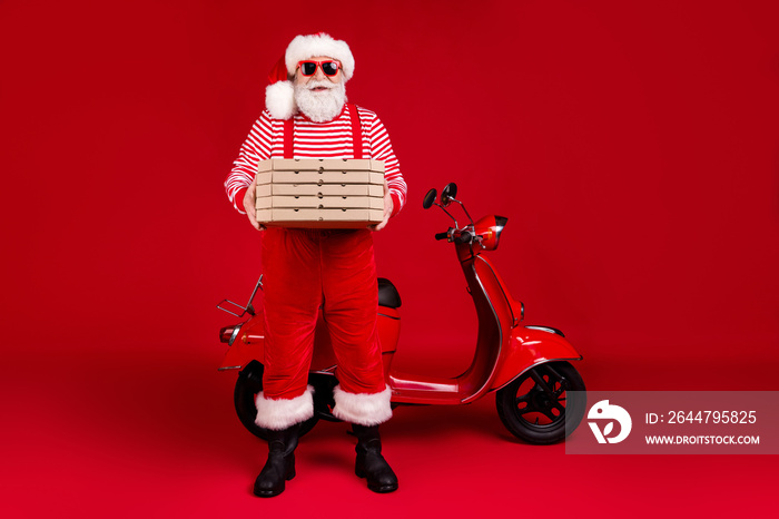 Full length photo of pensioner grandpa moped hold pizza boxes prepare deliver home client wear santa