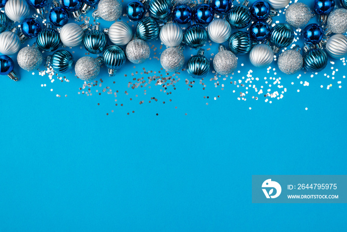 Christmas holidays concept. Top above overhead view close up photo of beautifully decorated blue bau