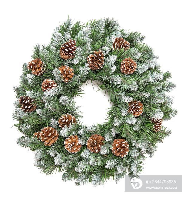 Christmas decoration evergreen pine wreath cones white background