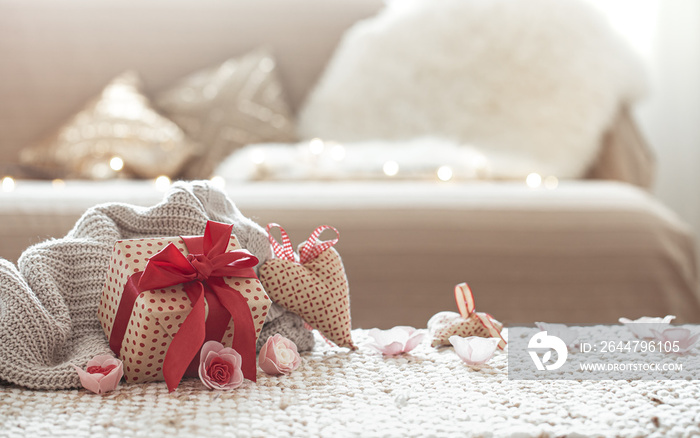 The concept of Valentines day. Gift box on the table.