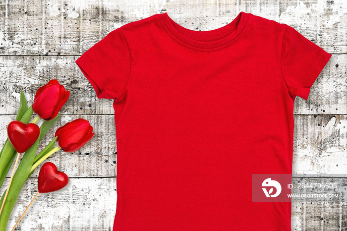 Red t-shirt mock up Valentines hearts flowers decoration