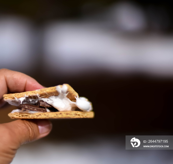 Camping dessert smores held by hand with a dark, blurred background