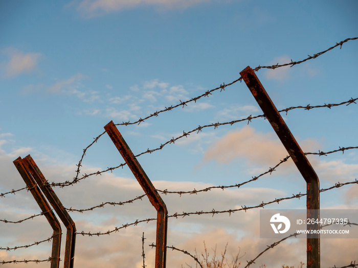 Sharp barber wire on a metal fence. Blue cloudy sky in the background. Nobody. Security and asset pr