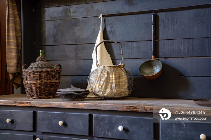 Still life with old vintage kitchen interier, dark key