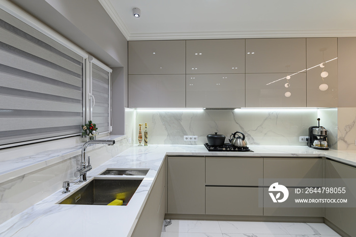 Luxury white modern marble kitchen in studio space