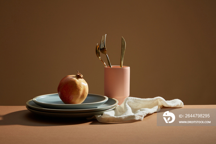 modern dish, utensils, linen towel on the  brown background. Design brochure, catalog. Minimalism ar