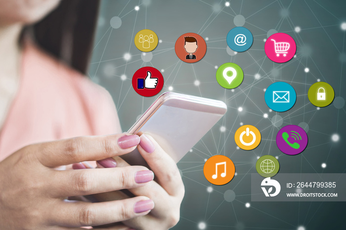 woman hand holding smart phone connect to social media,networking concept background