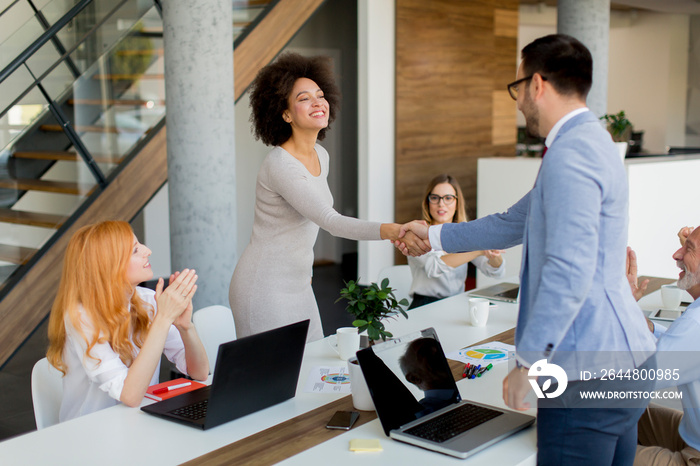 Businessman shaking hands to seal a deal with his female partner