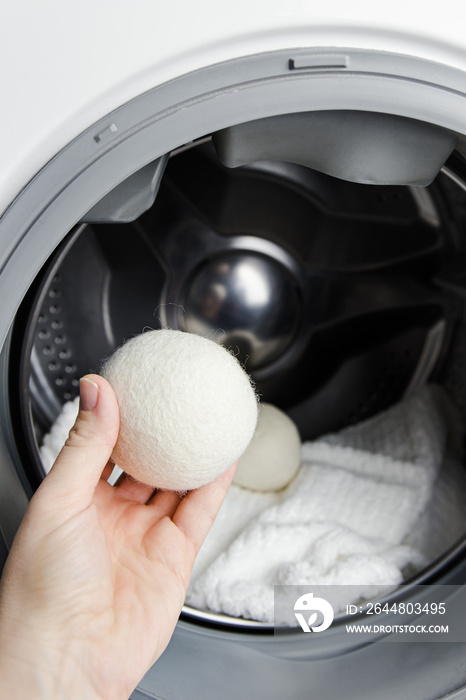 洗衣机概念中的滚筒烘干时，女性使用羊毛烘干球来制作更柔软的衣服。D