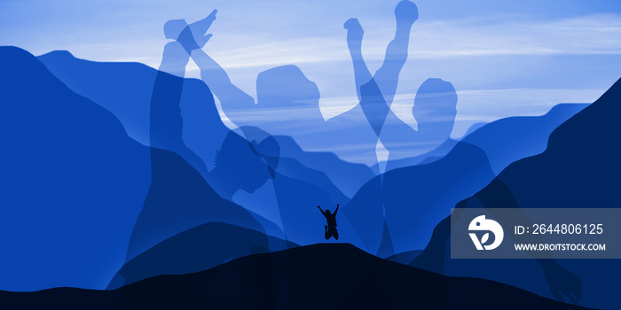 mountains motivation and success concept. Silhouette  of a jumping man on a valley of high maintains