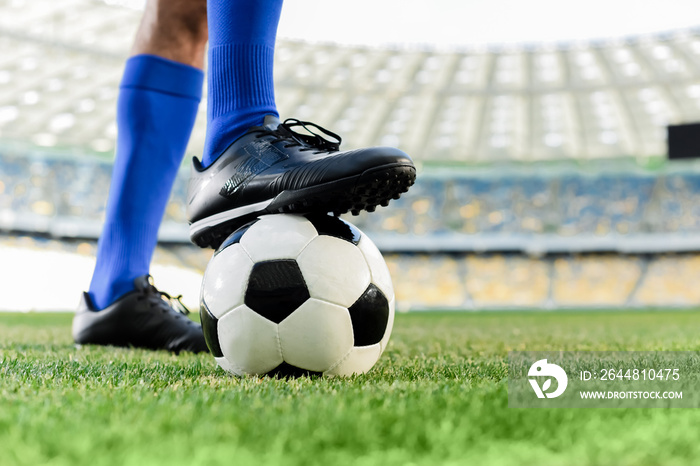 球场上穿着蓝色袜子和足球鞋的职业足球运动员的腿
