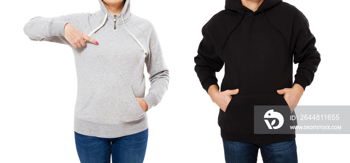 Blank greyblack sweatshirt mock up isolated. Couple wear dark hoodie mockup. Plain hoody design pres