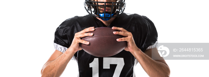 Cropped view of American Football player with ball Isolated On White