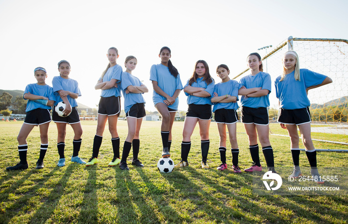 Portrait of confident girls wearing soccer uniforms standing on grassy field against sky